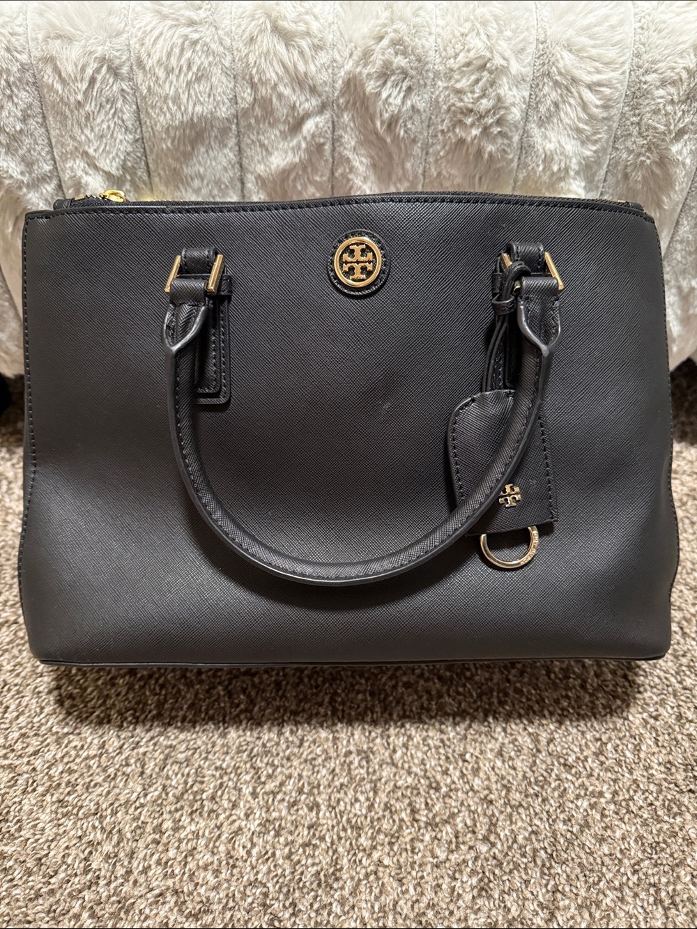 Tory Burch Black Leather Structured Satchel with Gold Hardware